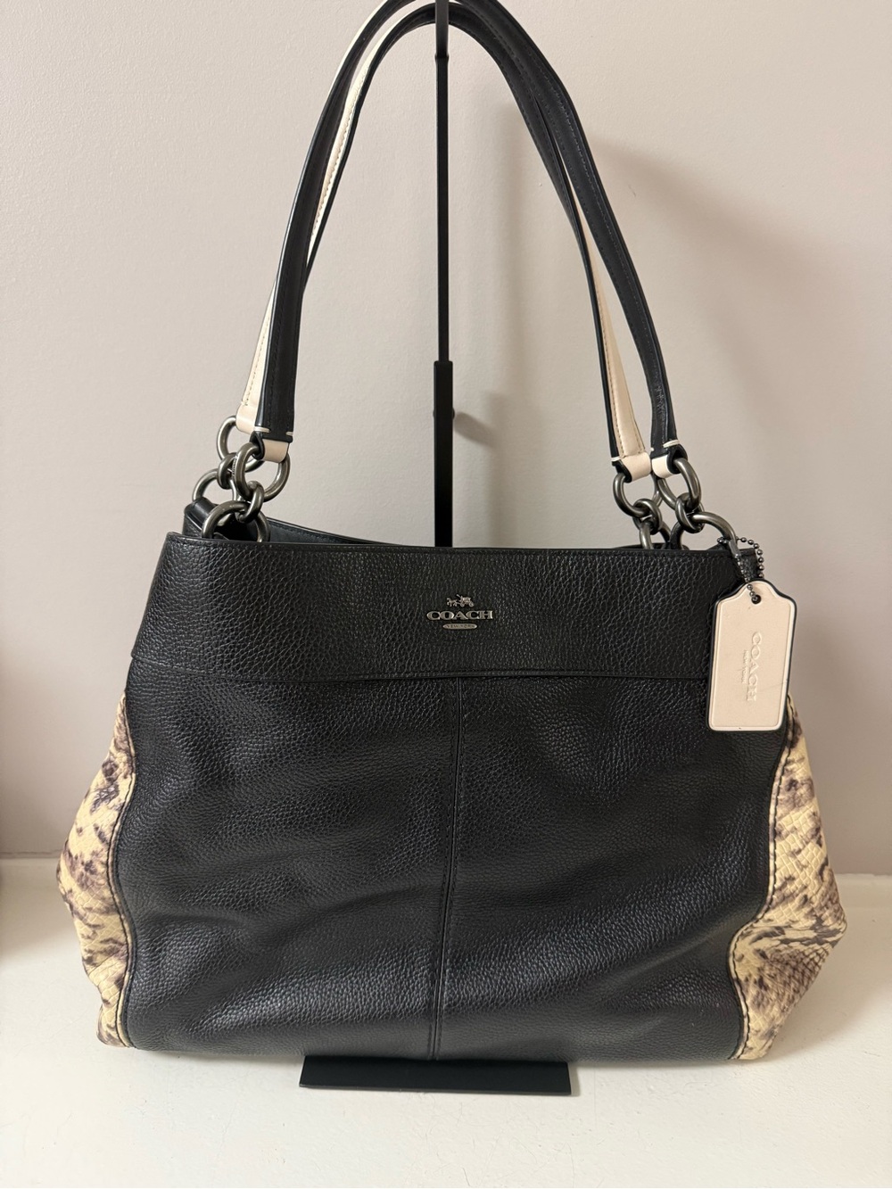 Coach Black Leather Shoulder Bag with Taupe Snake-Print Sides